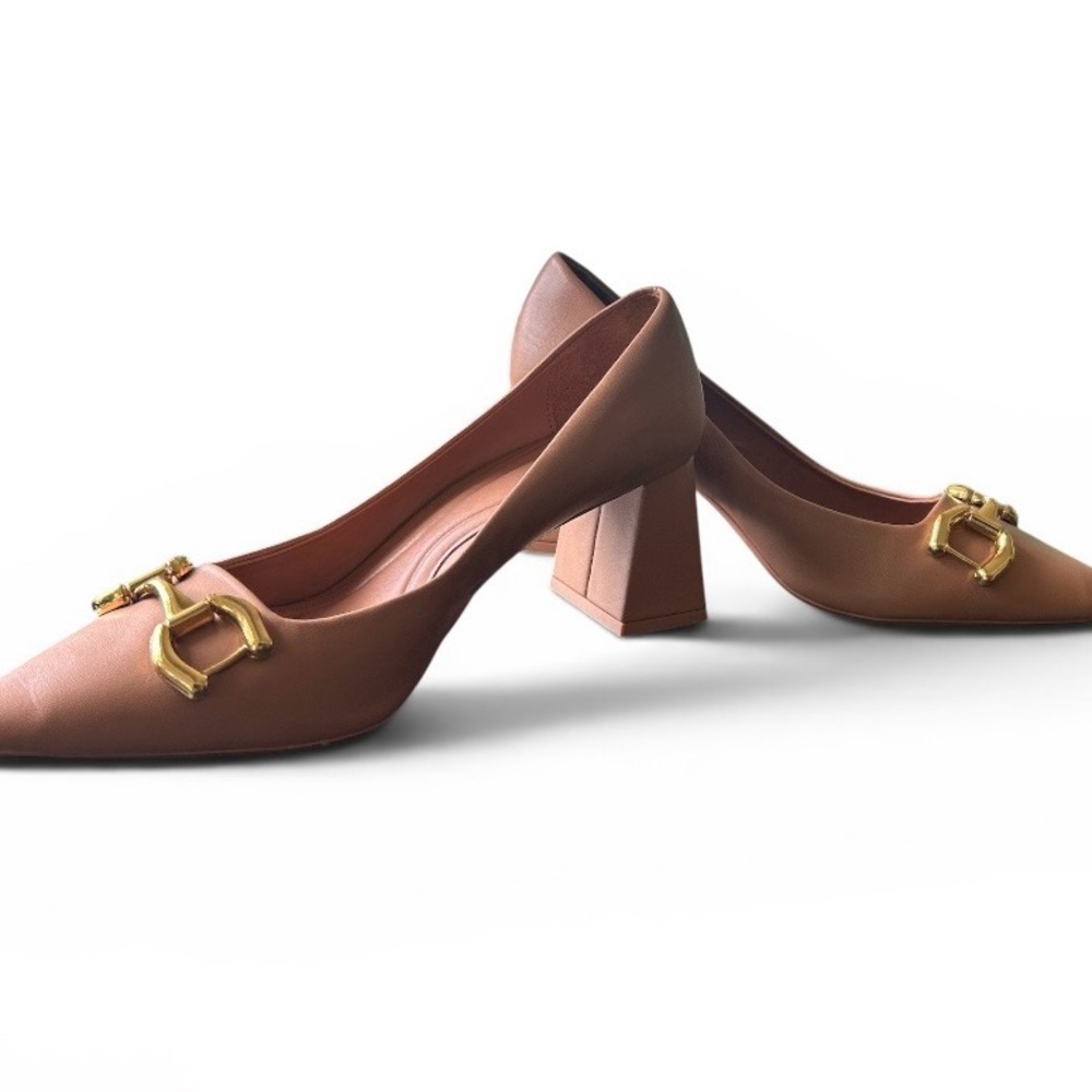 The Zara Nude Pointed-toe Pump With a block heel and gold-toned hardware.
